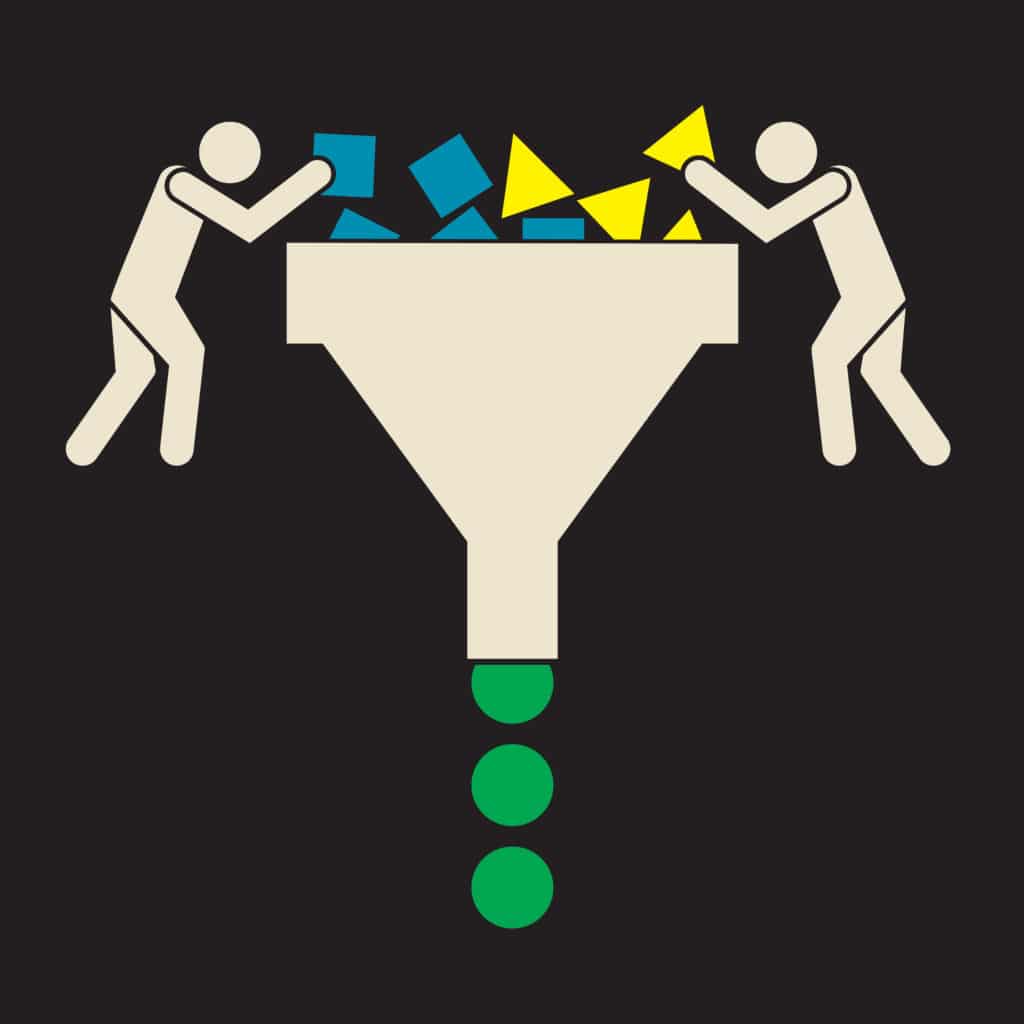 image of cartoon men putting blocks into funnel representing business process inputs and outputs